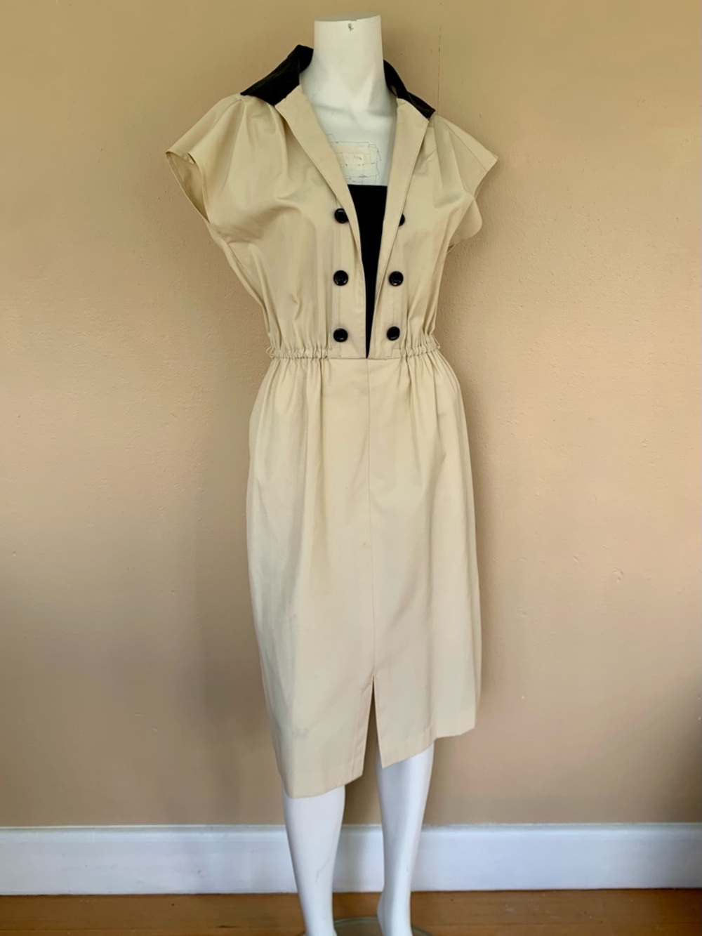 Vintage Cap Sleeve Military Dress | 80s Double Buttoned A-Line Midi Dress - Picture 6 of 9